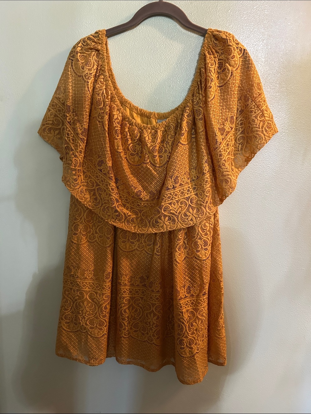 Catherines Mustard Lace Flutter-Sleeve Tunic
